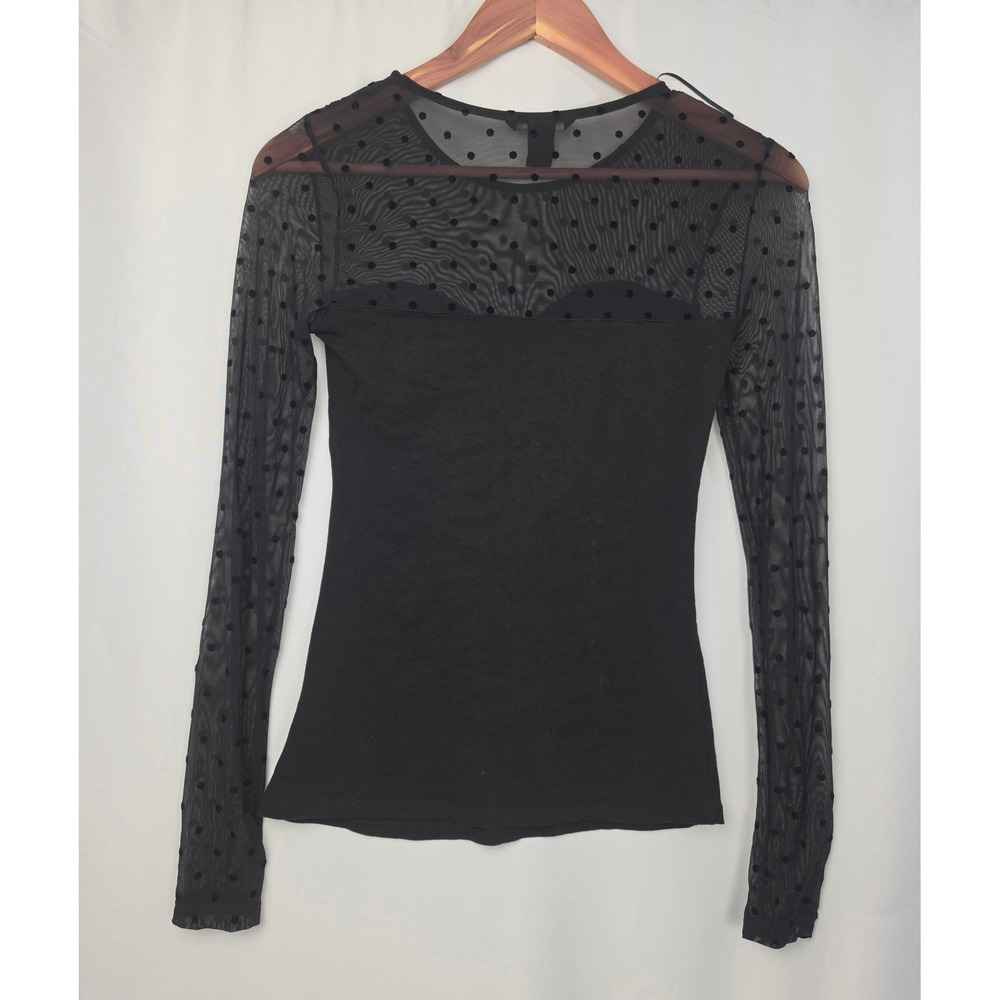 HM Womens Black Sheer Swiss Dot Mesh Long Sleeve Sweetheart Illusion Top XS